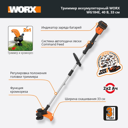 Триммер WORX WG184E.9 без АКБ и ЗУ в Москве 